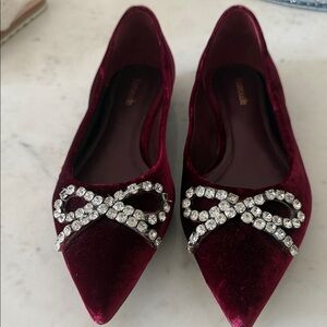 Larroude Burgundy Velvet Pointed Toe Flats with Crystal Bow